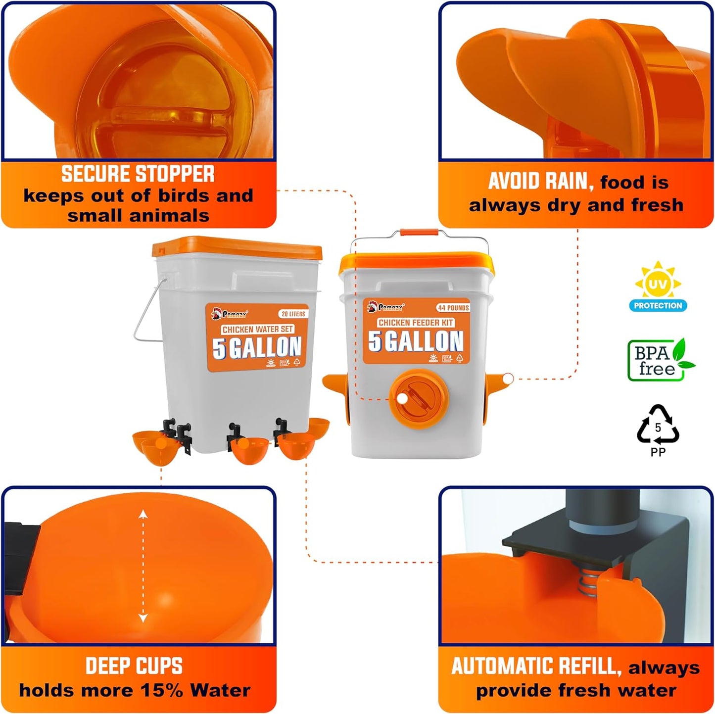 5-Gallon/44 Pounds Automatic Chicken Feeder & Waterer Set(2 Buckets), Chicken Feeder Port & Water Cup No Waste, Rain Proof Poultry Feeder, Avoid Small Animals Suitable for Chicken, Duck, Turkey