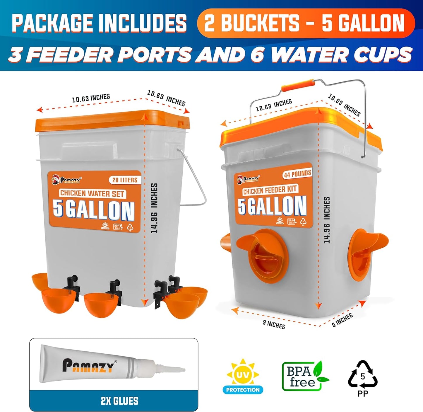 5-Gallon/44 Pounds Automatic Chicken Feeder & Waterer Set(2 Buckets), Chicken Feeder Port & Water Cup No Waste, Rain Proof Poultry Feeder, Avoid Small Animals Suitable for Chicken, Duck, Turkey