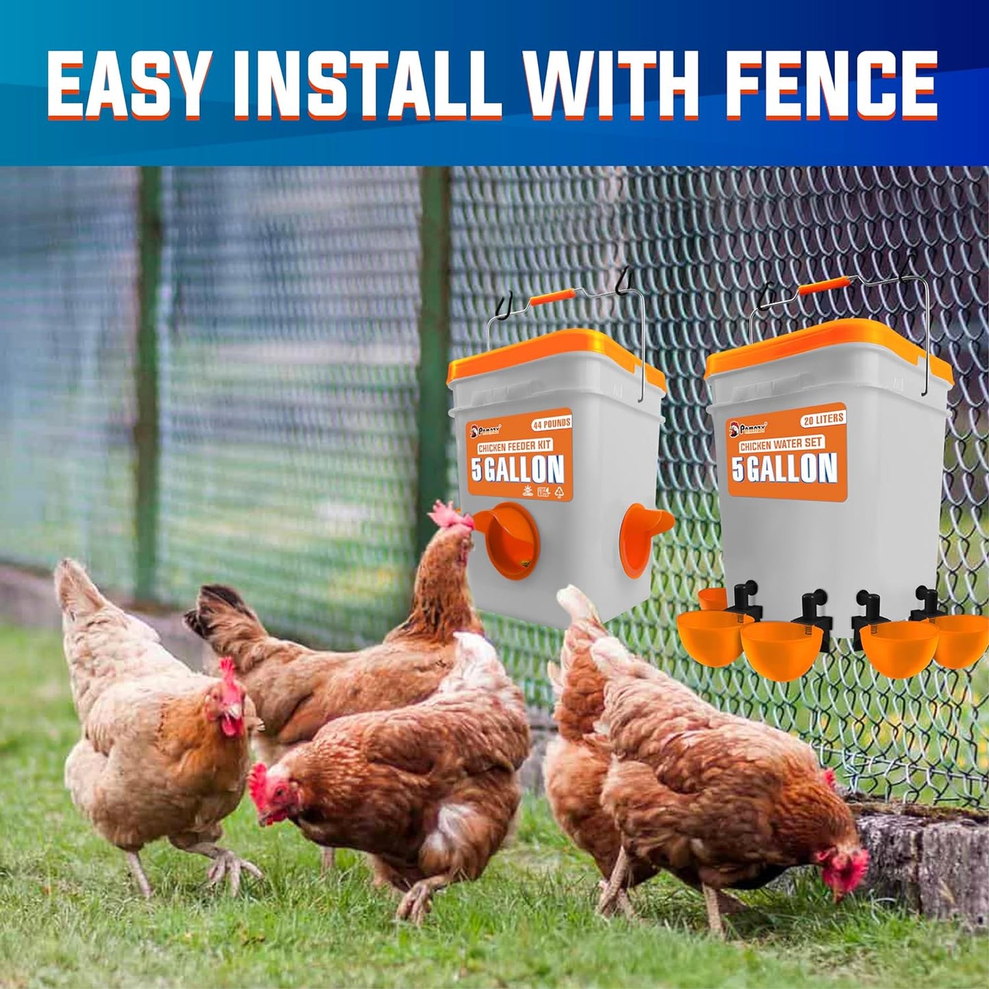5-Gallon/44 Pounds Automatic Chicken Feeder & Waterer Set(2 Buckets), Chicken Feeder Port & Water Cup No Waste, Rain Proof Poultry Feeder, Avoid Small Animals Suitable for Chicken, Duck, Turkey