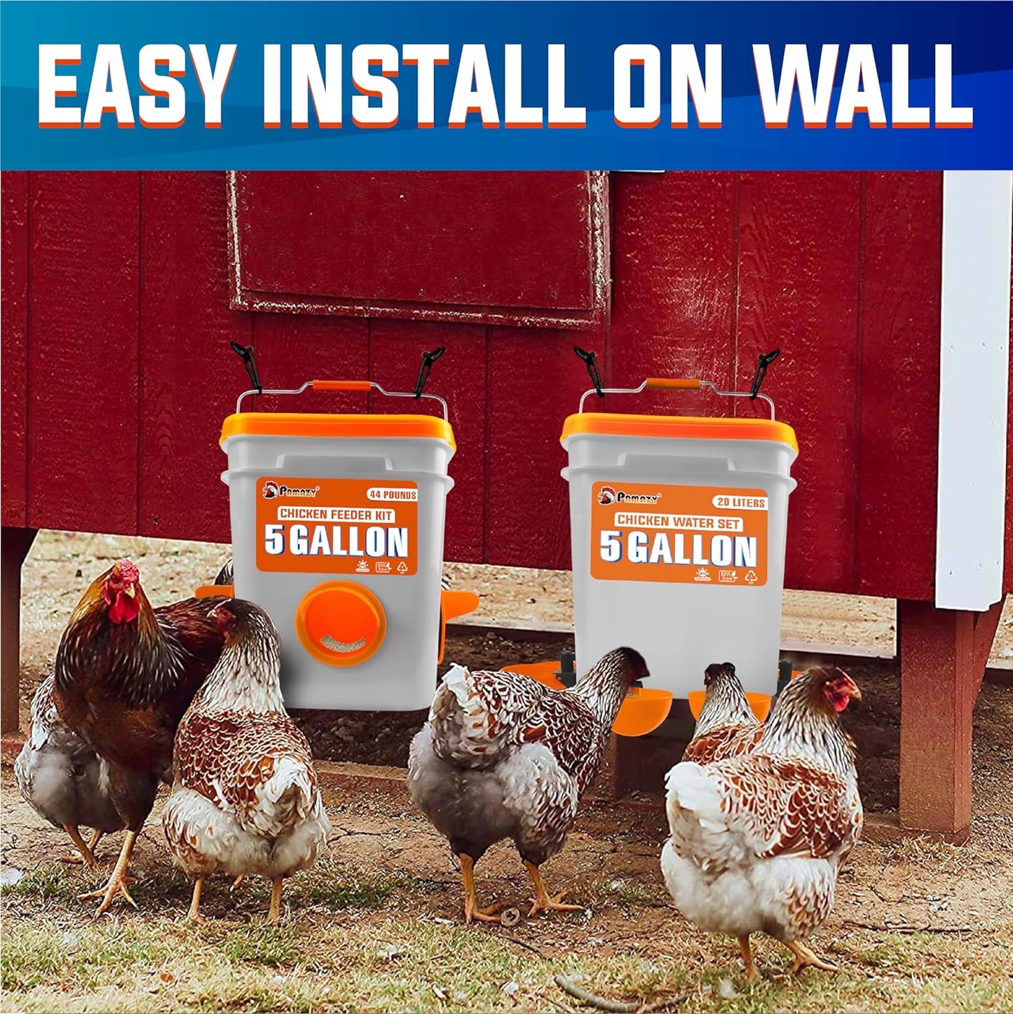 5-Gallon/44 Pounds Automatic Chicken Feeder & Waterer Set(2 Buckets), Chicken Feeder Port & Water Cup No Waste, Rain Proof Poultry Feeder, Avoid Small Animals Suitable for Chicken, Duck, Turkey