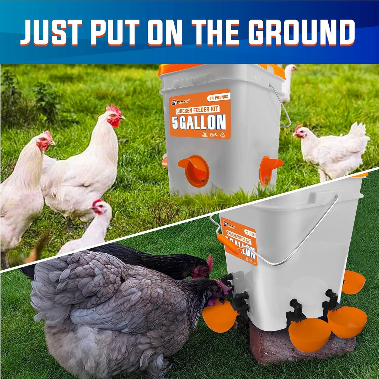 5-Gallon/44 Pounds Automatic Chicken Feeder & Waterer Set(2 Buckets), Chicken Feeder Port & Water Cup No Waste, Rain Proof Poultry Feeder, Avoid Small Animals Suitable for Chicken, Duck, Turkey