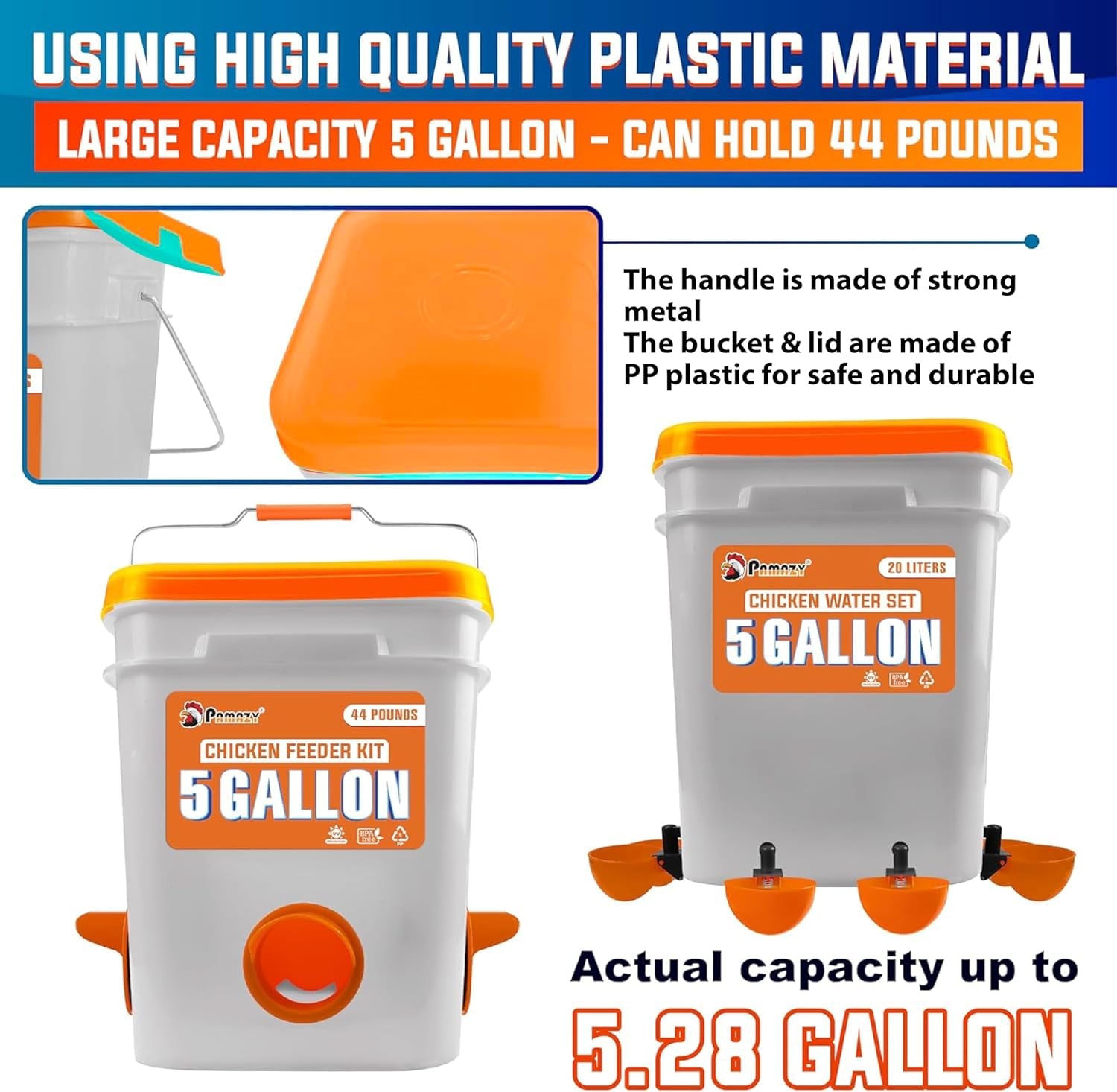 5-Gallon/44 Pounds Automatic Chicken Feeder & Waterer Set(2 Buckets), Chicken Feeder Port & Water Cup No Waste, Rain Proof Poultry Feeder, Avoid Small Animals Suitable for Chicken, Duck, Turkey