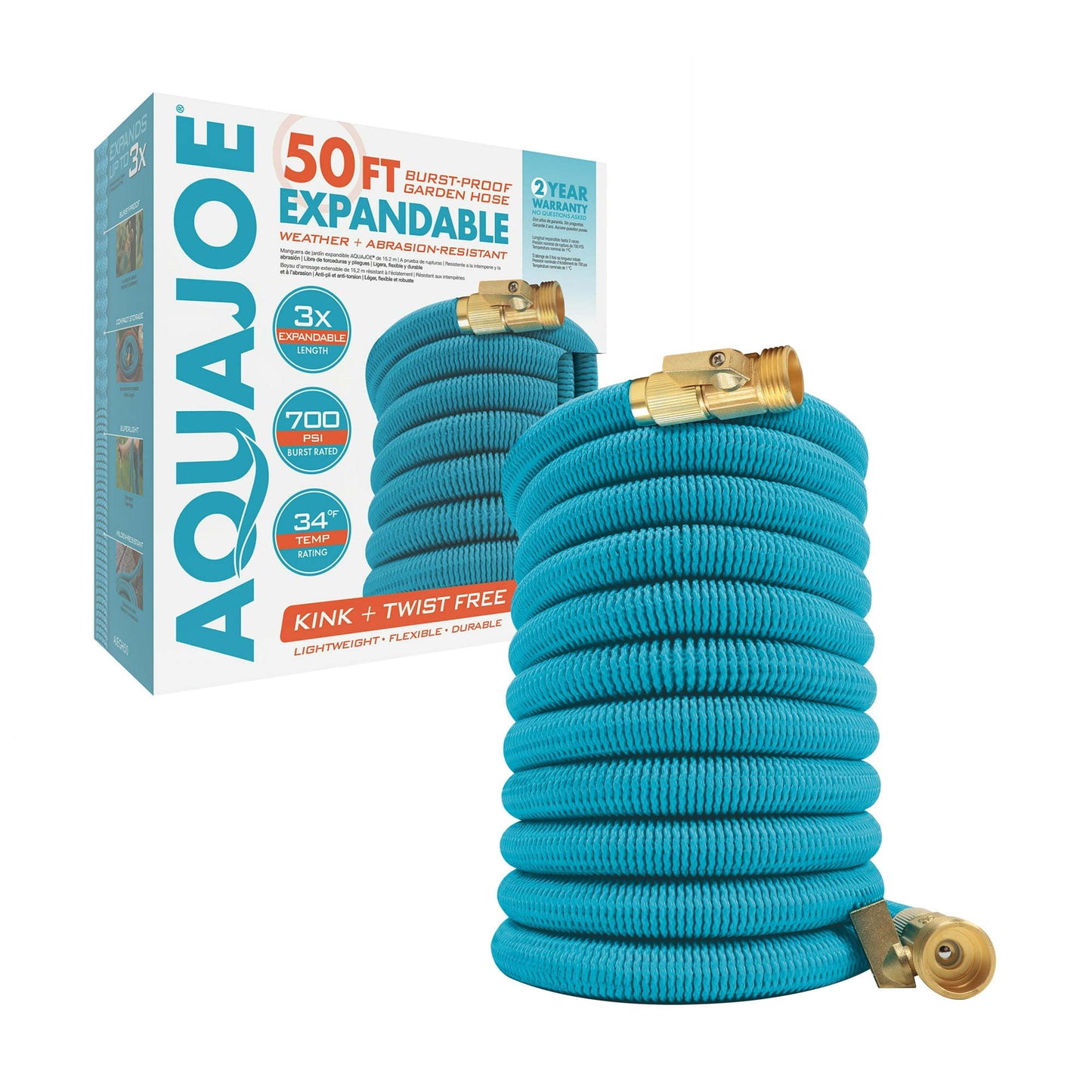 Kink-Free 50 ft. Expandable Garden Hoses W/ Heavy-Duty Brass Valve & Flow Control Shut-off, 5/8-inch (Light Blue)