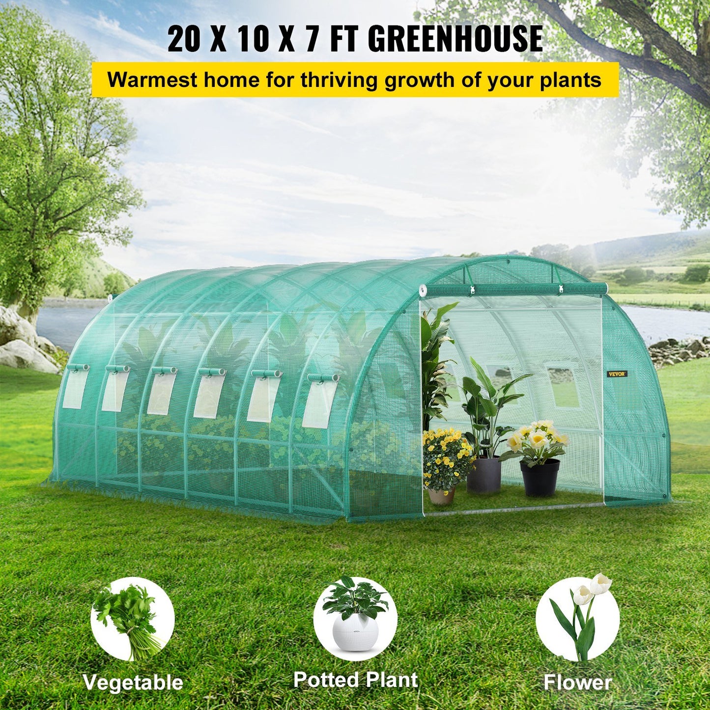Walk-in Tunnel Greenhouse, 20 x 10 x 7 ft, Portable w/ Galvanized Steel Hoops, 3 Top Beams, Diagonal Poles, 2 Zippered Doors & 12 Roll-up Windows, Green