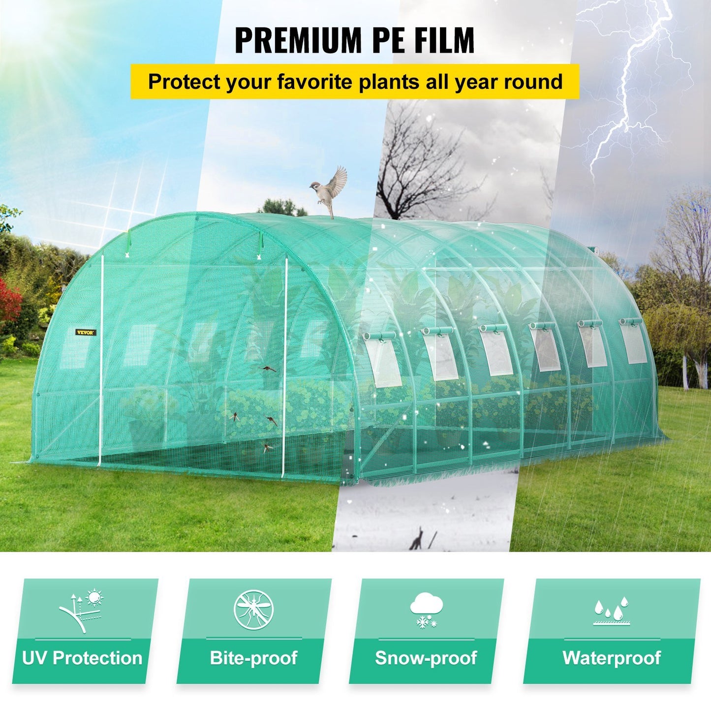 Walk-in Tunnel Greenhouse, 20 x 10 x 7 ft, Portable w/ Galvanized Steel Hoops, 3 Top Beams, Diagonal Poles, 2 Zippered Doors & 12 Roll-up Windows, Green