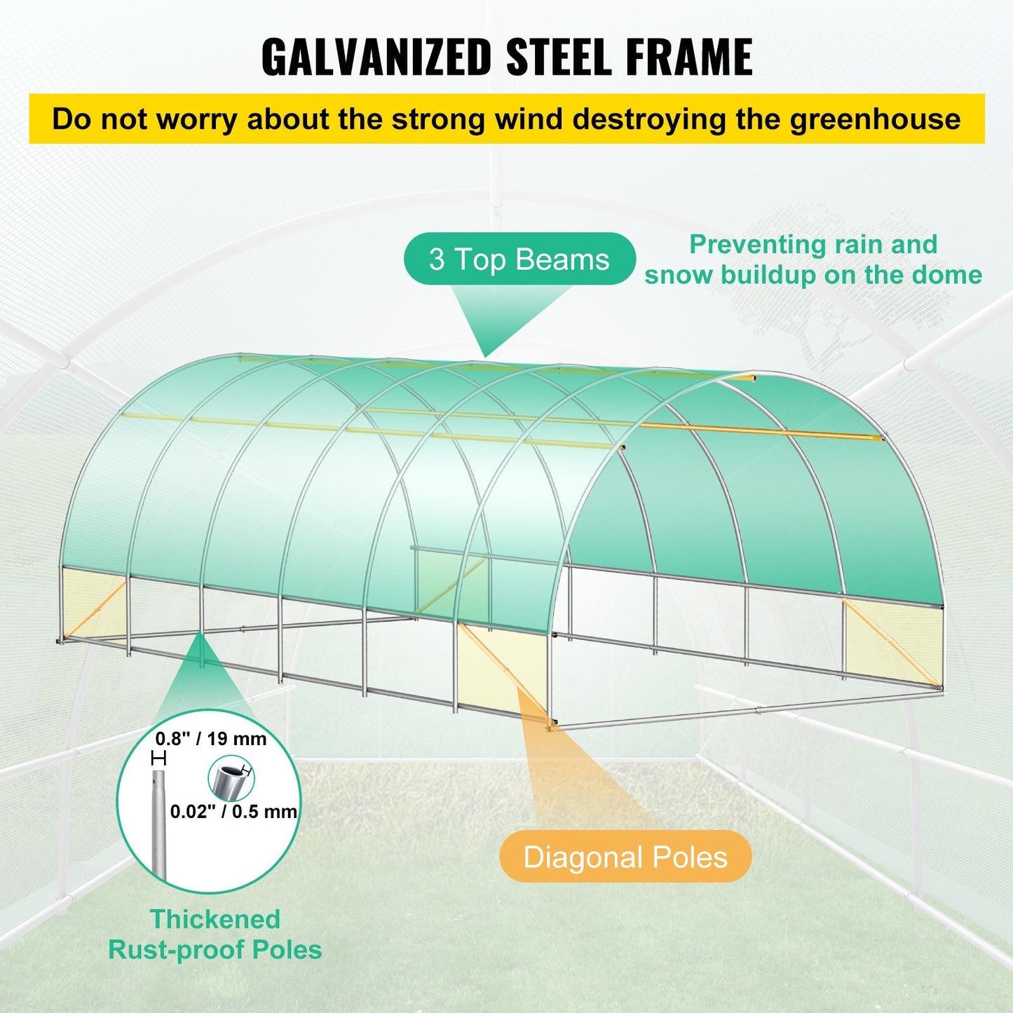 Walk-in Tunnel Greenhouse, 20 x 10 x 7 ft, Portable w/ Galvanized Steel Hoops, 3 Top Beams, Diagonal Poles, 2 Zippered Doors & 12 Roll-up Windows, Green