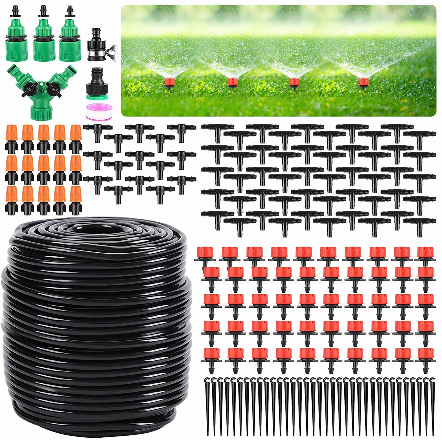 Garden Drip Irrigation Kit, 164 ft./50 m Micro Automatic Drip Irrigation System Kit with 1/4 inch 1/2 inch Blank Distribution Tubing Hose Adjustable Patio Misting Nozzle Emitters Sprinkler