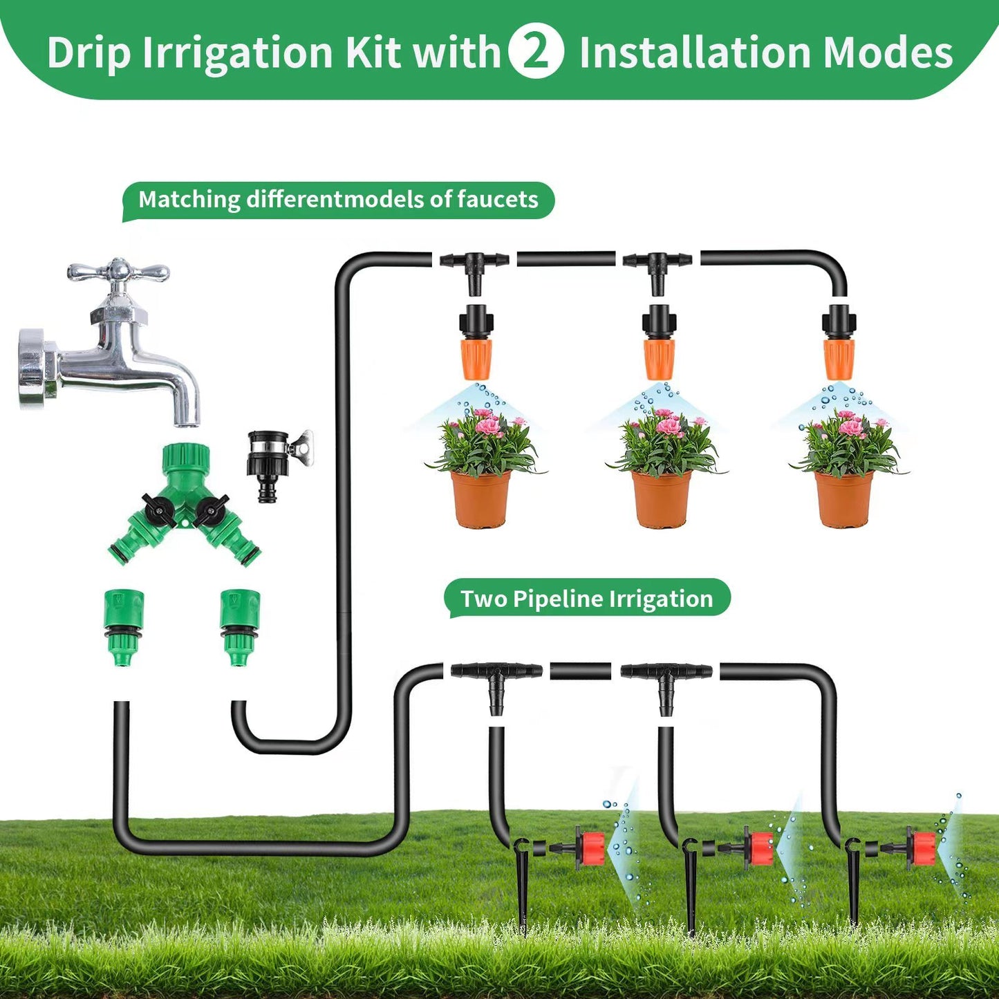 Garden Drip Irrigation Kit, 164 ft./50 m Micro Automatic Drip Irrigation System Kit with 1/4 inch 1/2 inch Blank Distribution Tubing Hose Adjustable Patio Misting Nozzle Emitters Sprinkler