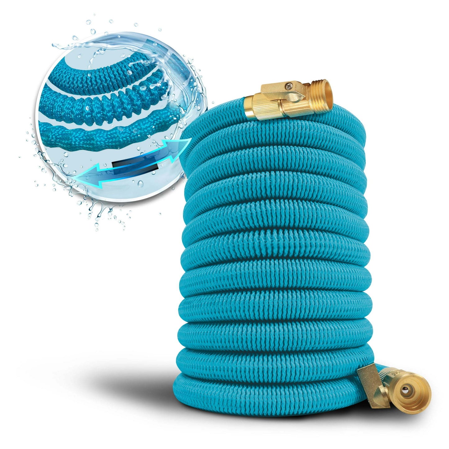 Kink-Free 50 ft. Expandable Garden Hoses W/ Heavy-Duty Brass Valve & Flow Control Shut-off, 5/8-inch (Light Blue)