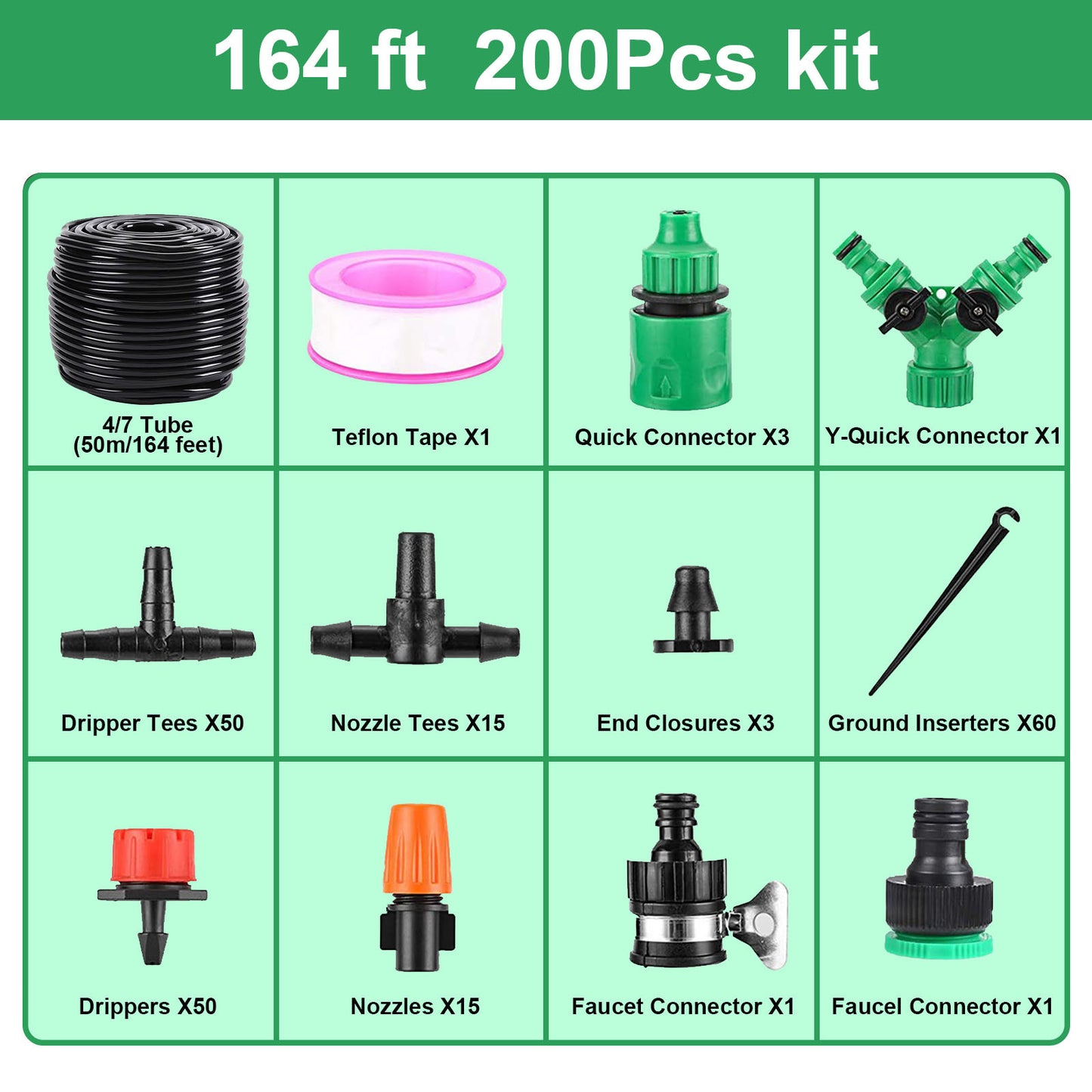Garden Drip Irrigation Kit, 164 ft./50 m Micro Automatic Drip Irrigation System Kit with 1/4 inch 1/2 inch Blank Distribution Tubing Hose Adjustable Patio Misting Nozzle Emitters Sprinkler